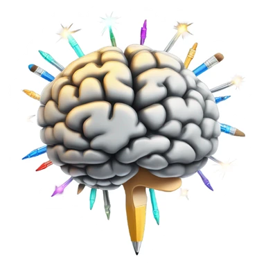 A glowing brain with small artistic tools (paintbrush, pen) orbiting around it like electrons, with sparkles or pixels emanating outward in a creative burst pattern.  sticker