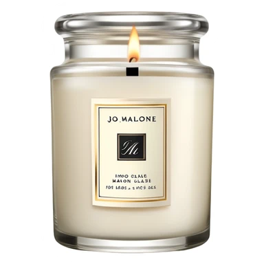 Elegant Jo Malone luxury candle in a clear glass jar with a simple label and a burning flame sticker