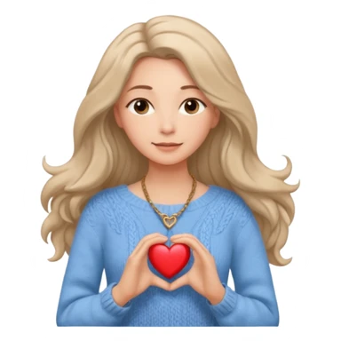 . Her skin glows warmly under the natural light, enhanced by the gentle textures of her knitted beige sweater and flowing hair. her heart-shaped necklace adds a delicate touch, while her serene expression brings a quiet strength to the portrait. The blue sky in the background.
 sticker