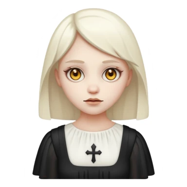 Stylized cult cartoon girl emoji, eerie-cute aesthetic, symmetrical design, subtle spooky vibe, glowing eyes, saying “AMILK”, bold graphic icon sticker