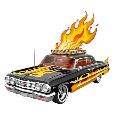 Hot rod custom 1964 impala low rider four door Anubis theme painted hood flaming side-pipes sticker