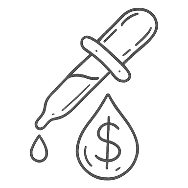 hand-drawn outlined pipette with a golden drop, dollar sign inside the drop sticker