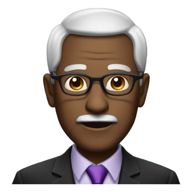 old man with barely any hair wearing a black suit with a purple tie and glasses sticker