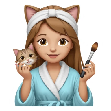 A image of a girl with light long brown hair wearing a bathrobe and headband doing her makeup with her chubby grey tabby cat. She is smiling sticker