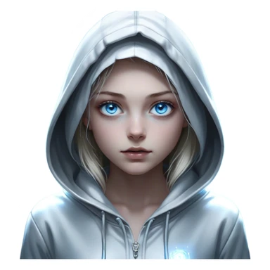 Cinematic girl with large sparkling blue eyes wearing a hoodie, Ultra realistic 32k HD, Breathtaking piece of art, rim lighting, hauntingly beautiful art, mostly greyscale, Balanced features, highly detailed digital artwork, glowing with silver light, glowing, high shine, deviant adoptable, highly detailed clothing, remembrance, a painting of white silver, fanciful, enchanting, ghostly, embodying the essence of both reality and fantasy, dreamy, dreamy glow, optical illusion, immaculate composition, complex pose, air composition. The image is so lifelike that it feels as though it could leap off the canvas at any moment sticker