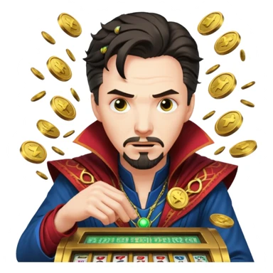 disheveled Doctor Strange losing money at a slot machine, panicked face, coins flying sticker