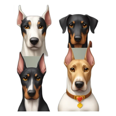 1 white doberman with a bow tie an other doberman with black fur and the last doberman with camel fur sticker
