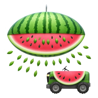 A UFO shaped like a slice of watermelon abducting seeds with a tiny tractor beam. Bright fun colors, cartoon style, minimal shadows, transparent background. sticker