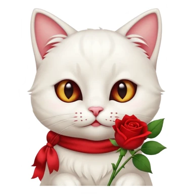 Cute emoji-style white cat holding a red rose in its mouth, big round eyes with visible white sclera, smaller pupils, soft warm brown irises, fluffy fur, clean mascot style, gentle cute expression, centered, transparent background, 1:1 ratio. sticker