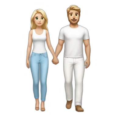 full body beautiful blonde woman wearing light-blue pants holding hands with full body man with medium brown hair wearing white pants sticker