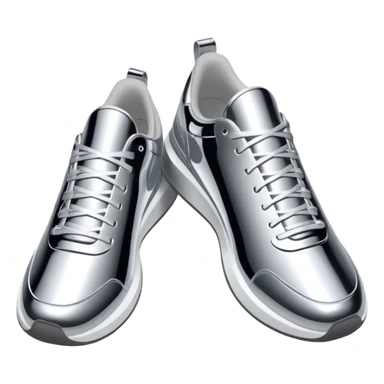 A pair of futuristic sneakers emoji made of silver chrome, sleek streetwear design, smooth metallic panels, subtle reflections, luxury swag aesthetic, iOS emoji style, centered, clean white background sticker
