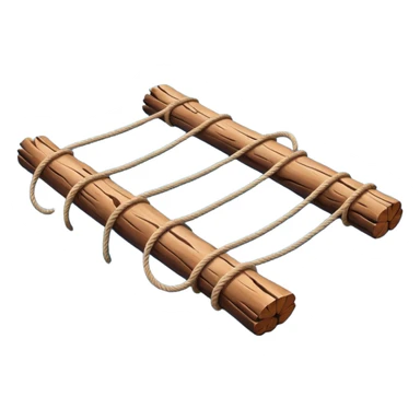 showing a simple wooden raft floating on calm blue water — made of several brown logs tied together with rope — gentle ripples around it — bright, cheerful lighting and soft shadows — minimalist, clean emoji design sticker