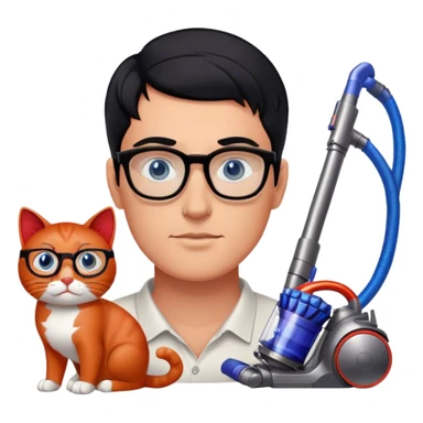 Man with black hair and blue eyes with glasses using Dyson gen5  with 2 red cats sticker