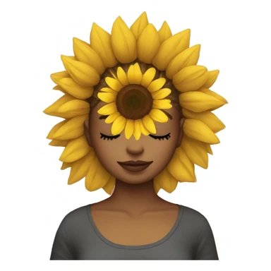 A girl wearing a sunflower plushie around her face and head sticker