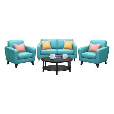 Morning entertainment TV studio, cozy talk show set with armchairs and couch with people, LED screen behind, warm pastel colors, green and blue lighting panels, festive decorations, friendly daytime TV atmosphere, realistic broadcast studio, no branding. sticker