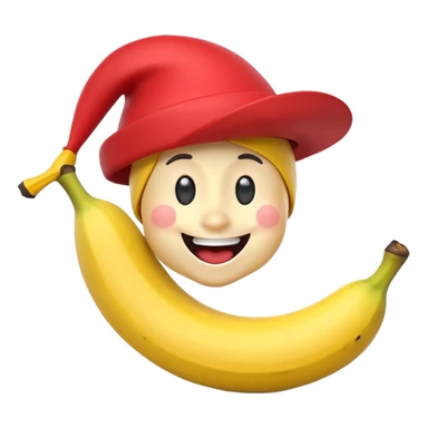 A 3D cartoon banana with a red nose and tiny hat, smiling face, playful pose, Memoji-style. sticker