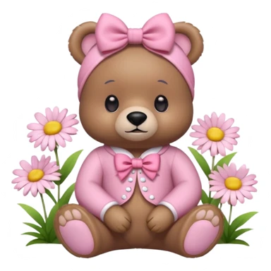 kawaii bear with a pink bow and pink outfit, sitting with flowers and daisies, adorable expression, pastel pink background, 3D iOS emoji style sticker