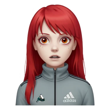 Crie um emoji de uma menina zumbi  com o cabelo vermelho longo com uma franja reta casaco de gola alta da adidas sticker