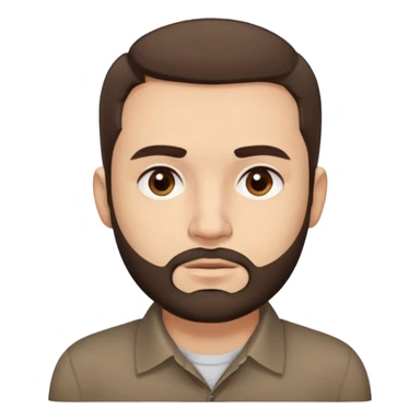 Close-up of René Monclova with light skin tone, round face, broad cheekbones. Lively dark brown eyes, thick straight eyebrows. Short messy brown hair with slight receding hairline. Untidy brown beard covering jaw. Wearing a dark collared shirt. sticker