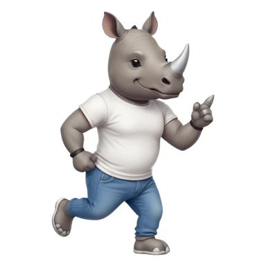 friendly anthropomorphised rhino in jeans and t-shirt, wearing dark sunglasses, jogging upright, relaxed pose sticker