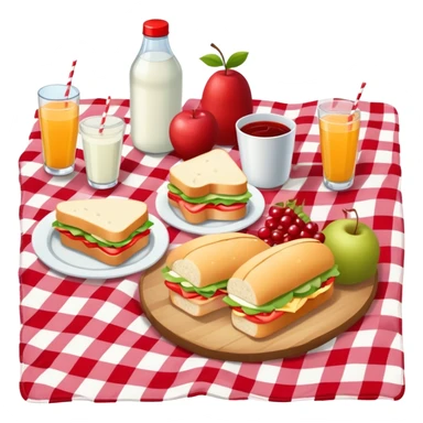 picnic with sandwiches, fruits, and drinks on a red and white checkered blanket sticker