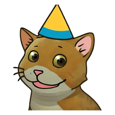 ginger tabby kitten at a birthday party, smiling, with cake, balloons, and wrapped gifts sticker