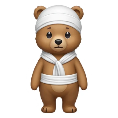 Full-body standing brown bear wearing a white durag on its head, cute emoji style sticker