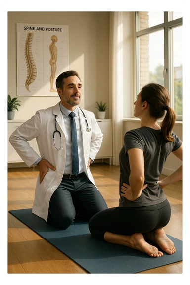 A realistic, cinematic illustration of a professional doctor in a white coat inside a bright, modern medical office, demonstrating a simple stretching exercise to a patient for improving posture. The doctor, calm and encouraging, shows a gentle spinal extension stretch while explaining its benefits for posture and spinal health, with an anatomical poster of the spine and posture alignment in the background. The scene includes a yoga mat, clean wooden floors, and natural light streaming through large windows, creating a warm, health-focused atmosphere. The patient, in comfortable activewear, watches and mirrors the stretch, emphasizing the preventive and therapeutic role of stretching for posture correction under medical guidanc sticker