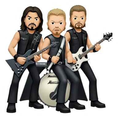 Icon for Metal Music: Metallica four band members detailed in their signature look. James Hetfield with guitar, Lars Ulrich on drums, Kirk Hammett with his electric guitar, and Robert Trujillo playing bass. Bold, energetic style, all in a heavy metal aesthetic. Transparent background. sticker