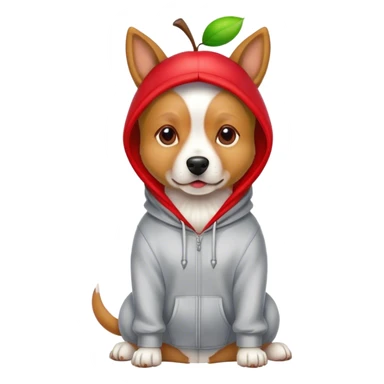 Dog wearing a hoodie and apple on his head sticker
