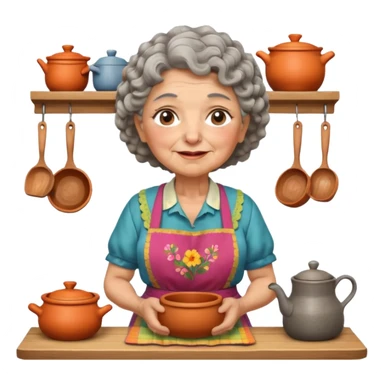 Apple iOS emoji-inspired rural old woman, chubby and friendly, short gray curly hair, flowery blouse, colorful apron, soft pastel colors, large expressive eyes, Chilean rural kitchen with wooden elements and clay pots, warm lighting, highly detailed and clean vector style sticker