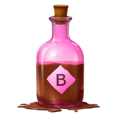 Mysterious Alchemical vintage glass potion bottle, exquisite bottle shape, old and shabby, with label, stylish and minimalistic, brown and pink, oil potion is poured out of the bottle, oil is spilled next to it sticker