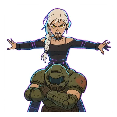  young woman with gold yellow eyes, white hair, long braid, black off-shoulder top, punk gothic style, futuristic cyberwave cyberpunk,, she is aggresively t-posing over a cowering doomguy sticker