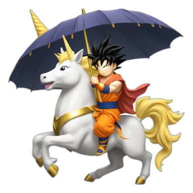 god goku riding a super saiyan unicorn with umbrella in hand sticker