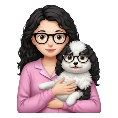 long wavy black haired girl wearing black framed glasses in a pink pjs while holding her fluffy white dog sticker