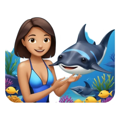 une personne qui est devant un aquarium où on peut carresser un raies menta sticker