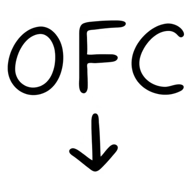 Letters OFC with a downward arrow underneath sticker