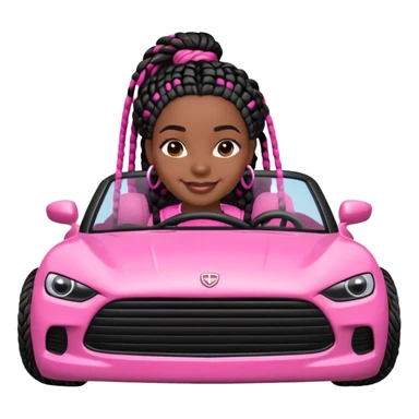 A dark-skinned Black woman with black box braids, driving a pink car sticker
