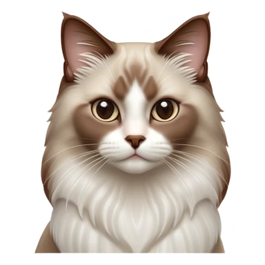 Cinematic Chocolate-Point Ragdoll Cat Portrait Emoji, Elegant and alert, sleek brown and white tones with a distinct white nose, Simplified yet sharp features, highly detailed, glowing with a warm, confident glow, high shine, intelligent and poised, stylized with an air of grace, focused and attentive, soft glowing outline, capturing the essence of calmness and elegance, so lifelike it feels as though it could spring into motion with a gentle, poised presence at any moment! sticker