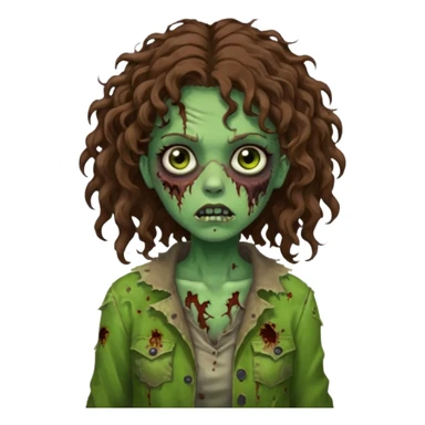 Faça uma garota zombie de cabelo cacheado castanho, olhos castanhos escuro e pele verde d zombie, com o cabelo abaixo do ombro sticker