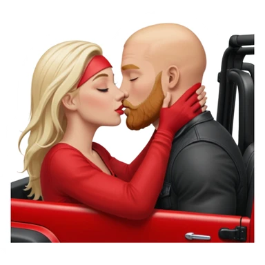 intimate moment between lovers, JetSetFly , photo Realistic Couple, white blond women with long  balayage hair & kissing bald white muscular man with ginger Beard  in a red Jeep Wrangler  sticker