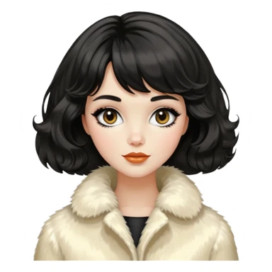 Alluring 1960's mod French girl french shiny black wavy textured bob haircut tousled hair wearing cream fur coat sticker
