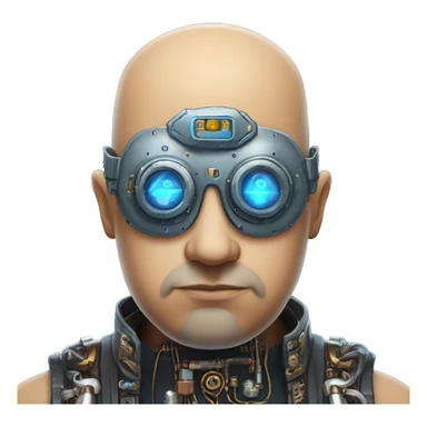 Fat bald cyborg head with tan skin, blue beard, blue steampunk goggles and circuits sticker