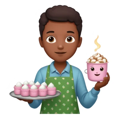 A young black vendor boy with pink cheeks, holding a tray of marshmallow-topped cocoa wearign green patterned apron sticker