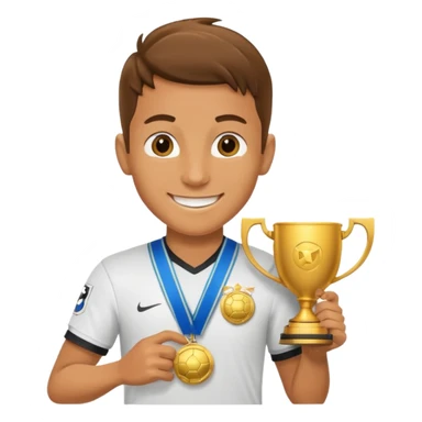 happy soccer player with a first-place medal and a trophy sticker