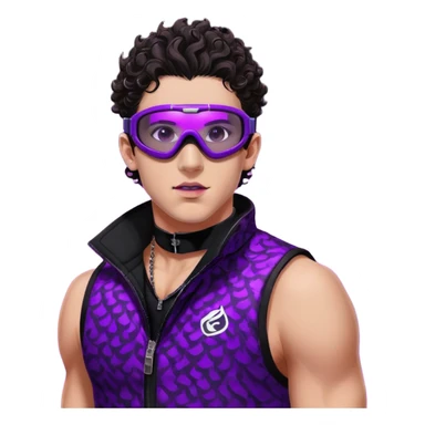 close-up of bad guy male athlete with white skin and moderately curly dark brown hair on top with shaved sides, wearing ski goggles with purple frames and very dark black lenses, a simple plain black chain necklace, and a completely unzipped sleeveless vest with purple and black sequin fire pattern design with no logo, with an extremely arrogant expression sticking his tongue out mockingly, looking menacing and villainous sticker