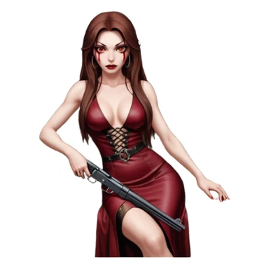Lilith red eye seductress evil long brown haired sexy succubus woman with leather long dress with slit on, sitting in Big Large F350 pickup truck. Back seat full of stacks of cash, she is  Holding a human skull of her enemies and a gun in other hand sticker