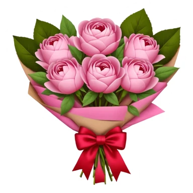 Bouquet of pink flower like rose and peony wrapped in kraft paper with red bow sticker