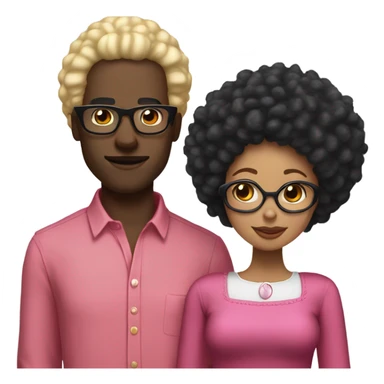 “black man with black afro and glasses and wearing a long sleeved red shirt standing next to a white woman with long blonde hair and wearing a pink dress sticker