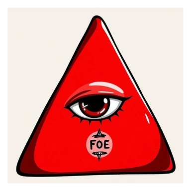 blood-red triangle with a mysterious glowing eye, FOE symbol, hand-drawn black doodle style sticker